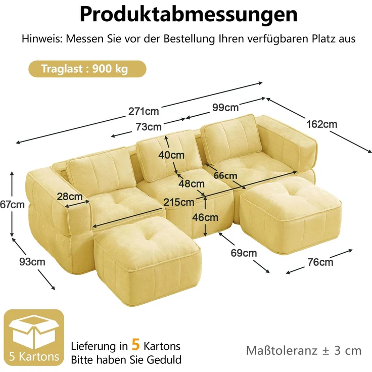 EINHOM 3-Sitzer U-förmiges Modulsofa mit 2 Hockern, ohne Gestell, 32D-Hochdichteschaum, tiefe Sitzfläche, hautfreundlicher, weicher Stoff, ideal für Wohnzimmer, keine Montage erforderlich, Gelb – Bild 2