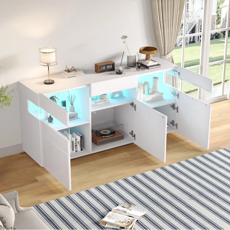 DESVIAE Sideboard mit LED-Beleuchtung, 140x66,5x40,5 cm, Spanplatte, Weiß, 3 Türen – Bild 3