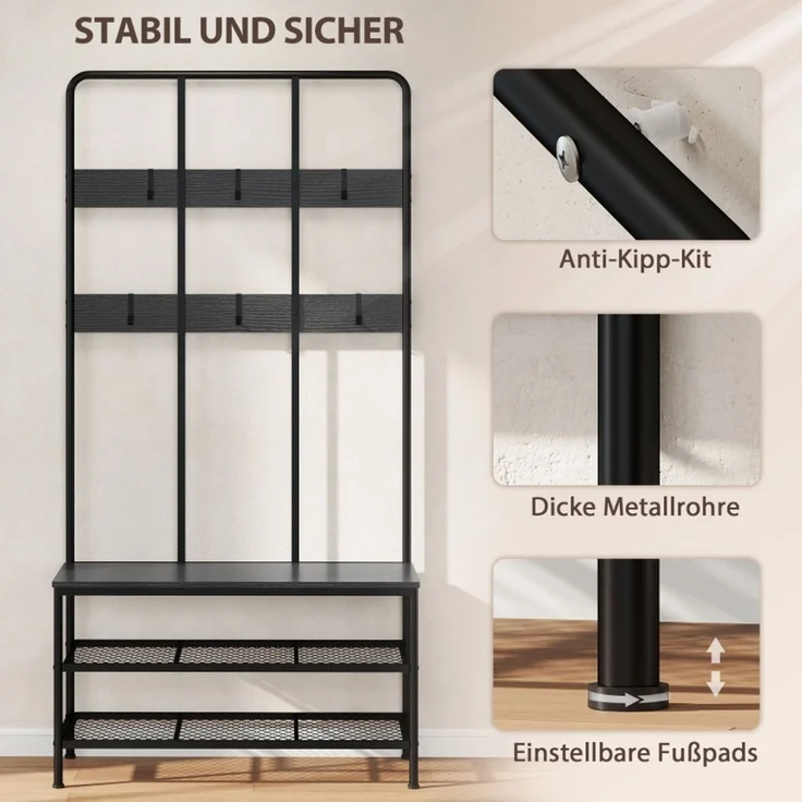 Garderobenständer 104x42,5x18 cm mit Sitzbank, 6 Haken und 2-Ebenen-Schuhregal, Schwarz – Bild 6