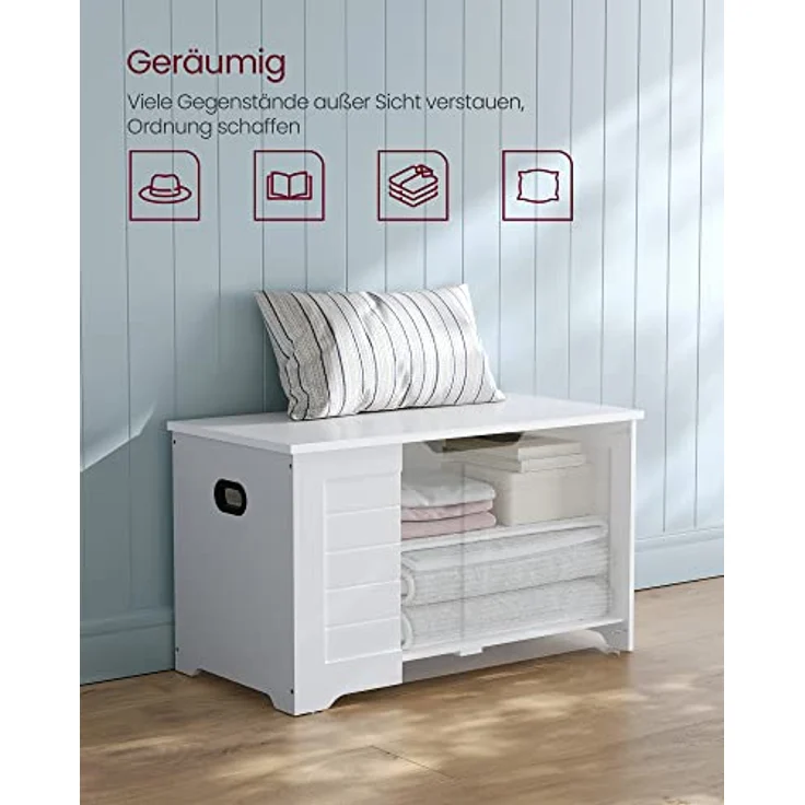 VASAGLE Schuhbank, Sitzbank mit Stauraum, Sitztruhe mit 2 Sicherheitsscharnieren, Aufbewahrungsschrank, Landhausstil, 40 x 80 x 46 cm, für Flur, Schlafzimmer, Wohnzimmer, wolkenweiß LSB063T14 – Bild 6