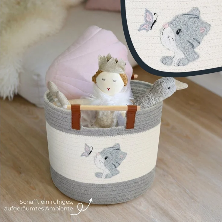 HMF Aufbewahrungskorb Aufbewahrungskorb mit Holzgriffen, runder Korb, Baumwolle für Kinderzimmer oder Babyzimmer, Katze, 30 x 30 x 24 cm – Bild 4