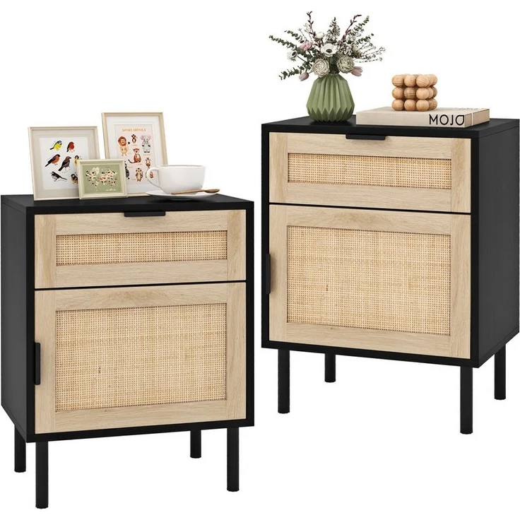 COSTWAY Nachttisch (2-St), Rattan Beistelltisch, Sofatisch, mit Schublade & Schrank – Bild 1