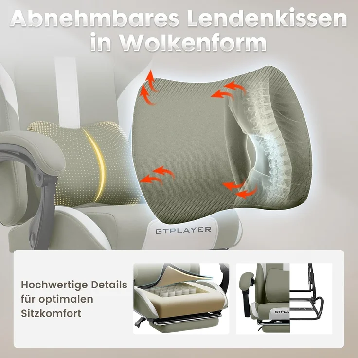 GTPLAYER Gaming Stuhl Bürostuhl Ergonomisch Gaming Sessel mit Kopfstütze und Cloud-Lendenkissen, Gepolstert Gaming Chair mit Fußstütze, Drehsessel,150kg Kapazität, Grün – Bild 6