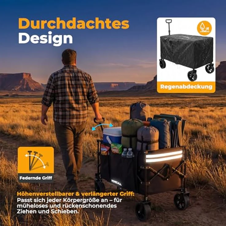 HOMECALL All-Terrain Bollerwagen 200L XXL-Volumen, klappbar mit Kühltasche, 200 kg Tragkraft, für Einkaufen, Camping und Garten – Bild 4