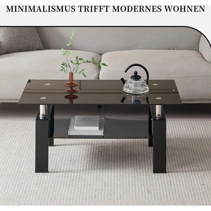SeedWave Couchtisch Moderner Sofatisch bis 68kg, mit 100cm Glastischplatte, Metallbeinen, 2 Ebene Wohnzimmertisch mit Ablage – Bild 2
