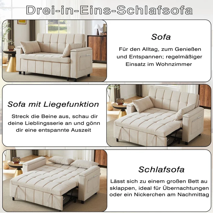 Schlafsofa Chenille, 3-in-1 mit Armlehnen-Stauraum, 148,6x81,3x86,4 cm, Beige – Bild 8