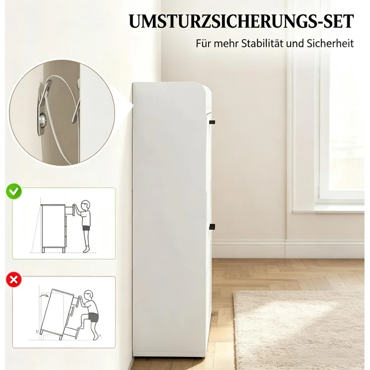 ZUBALIYA Schuhschrank (83 x 24 x 90,5 cm), 2 Schubladen, Verstellbare Einlegeböden, Stauraum für Flur und Eingangsbereich, Weiß – Bild 8