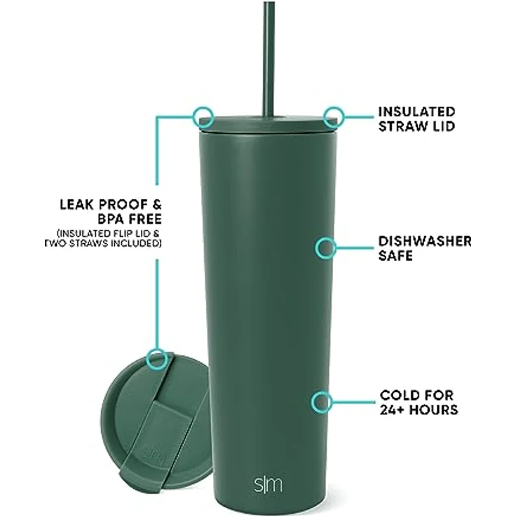 Simple Modern Thermobecher mit Strohhalm und Deckel | Trinkbecher mit Henkel Wiederverwendbare Edelstahl | Geschenke für Frauen und Männer | Classic | 830ml | Forest – Bild 3