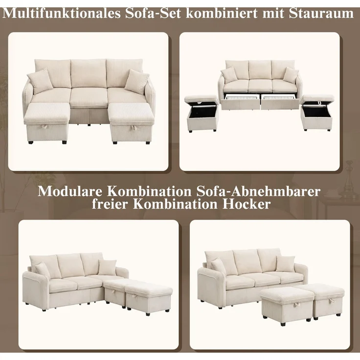 DESVIAE Sofa mit Schlaffunktion und Stauraum, Cord-Stoff, Beige, 188 x 186 x 86 cm – Bild 4