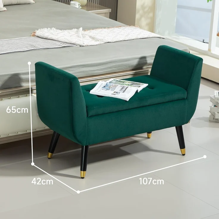 HOMCOM Sitzbank mit Stauraum Armlehnen, Samtartiges Polyester (Truhenbank, 1-St, Polsterbank), Gummiholz Grün 107 x 42 x 65 cm – Bild 3