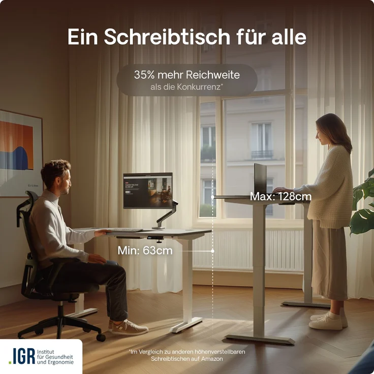 Desktronic HomePro Elektrisch höhenverstellbarer Schreibtisch 120x60cm Weiß/Grau mit Memory-Funktion, Anti-Kollisions Technologie, USB-A und USB-C-Ladeanschlüssen – Bild 7