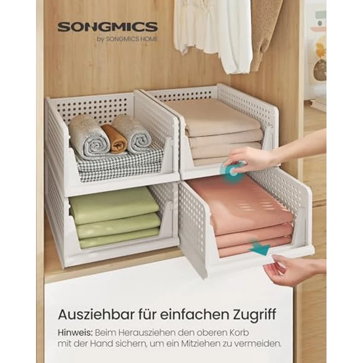 SONGMICS Schrank-Organizer klappbar, Kleiderschrank-Organizer stapelbar, ausziehbarer Korb 4er Set, Aufbewahrung und Organisation, Kunststoff, Schlafzimmer, Büro, Badezimmer, weiß LPC400WZ01 – Bild 2
