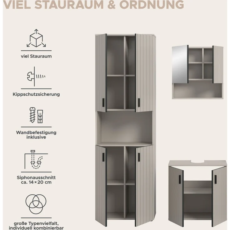 xonox. home – Badkombination Mone 135 x 192 x 30 cm in Kaschmir Nachbildung – 3-teiliges Set mit Badschrank, Waschbeckenunterschrank & Spiegelschrank – funktional & vielseitig kombinierbar – Bild 10