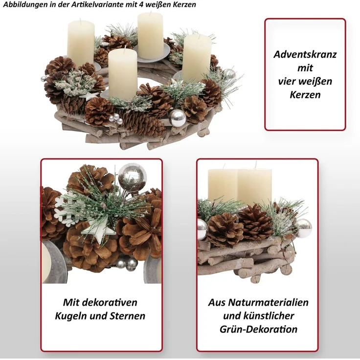 Adventskranz HWC-M15, Adventsgesteck Tischkranz Weihnachtsdeko Tischdeko, Holz MVG silber Ø 32cm ~ ohne Kerzen – Bild 2