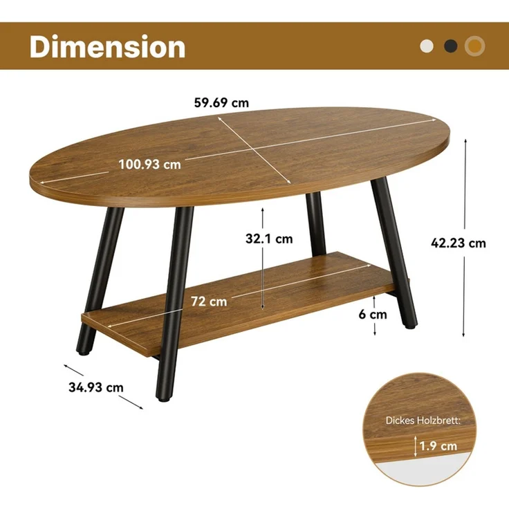 Hawthyhome Runder Beistelltisch 2-stöckiger Couchtisch mit Stauraum, ovale Tischplatte, Massivholz & Metallrahmen, moderner Industriestil, wasserdicht & verschleißfest, schnelle Montage, für Wohnzimmer & Schlafzimmer, Gelb – Bild 2