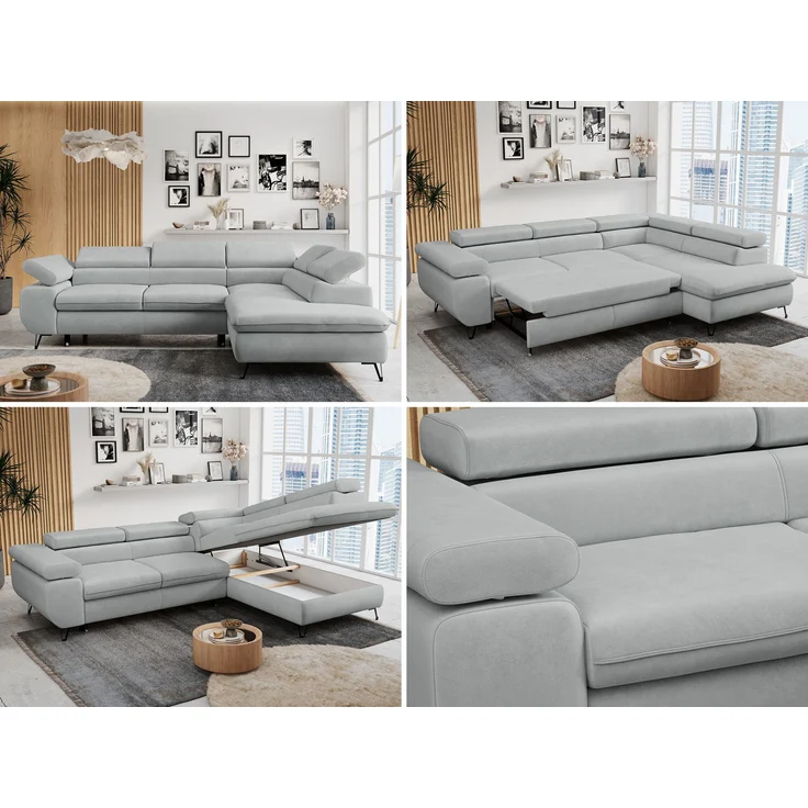Mks Möbel 'Peter L-form' Ecksofa mit Bettfunktion, Bettkasten & einstellbaren Kopfstützen, Hellgrau, Mikrofaser, mit Topper, rechts – Bild 2