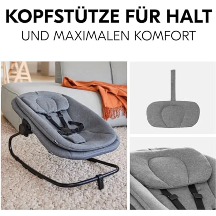 hauck 3in1 Babywippe für Alpha+, Beta+ & Arketa Holzhochstuhl, Ergonomische Babyliege für Babys ab Geburt bis 15 kg, mit 5-Punkt-Gurt, Sitzverkleinerer, Baumwollbezug (Dark Grey Melange) – Bild 8