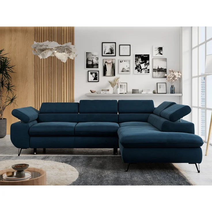 Mks Möbel 'Peter L-form' Ecksofa mit Bettfunktion, Bettkasten & einstellbaren Kopfstützen, Dunkelblau, Velours, rechts – Bild 1
