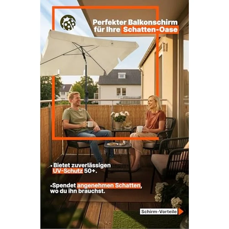 4smile Sonnenschirm Balkon in Beige - Sonnenschirm rechteckig 200x125 cm mit UV50+ Sonnenschutz | Balkon Schirm knickbar höhenverstellbar | Robuster Balkonschirm für optimalen Schatten – Bild 2