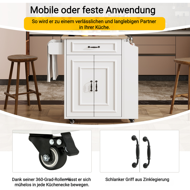 Kücheninsel 66x40(60)x90 cm mit Klapp-Arbeitsplatte, Schublade und Rollen – weißes MDF – Bild 2