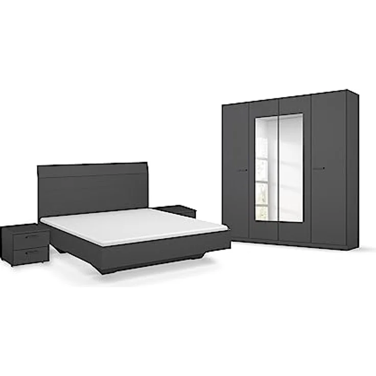 Rauch Möbel Florenz Schlafzimmer, Grau metallic, Schwarz, bestehend aus Bett mit Liegefläche 160x200 cm inklusive 2 Nachttische und Drehtürenschrank mit Spiegel BxHxT 181 x 210 x 54 cm – Bild 2
