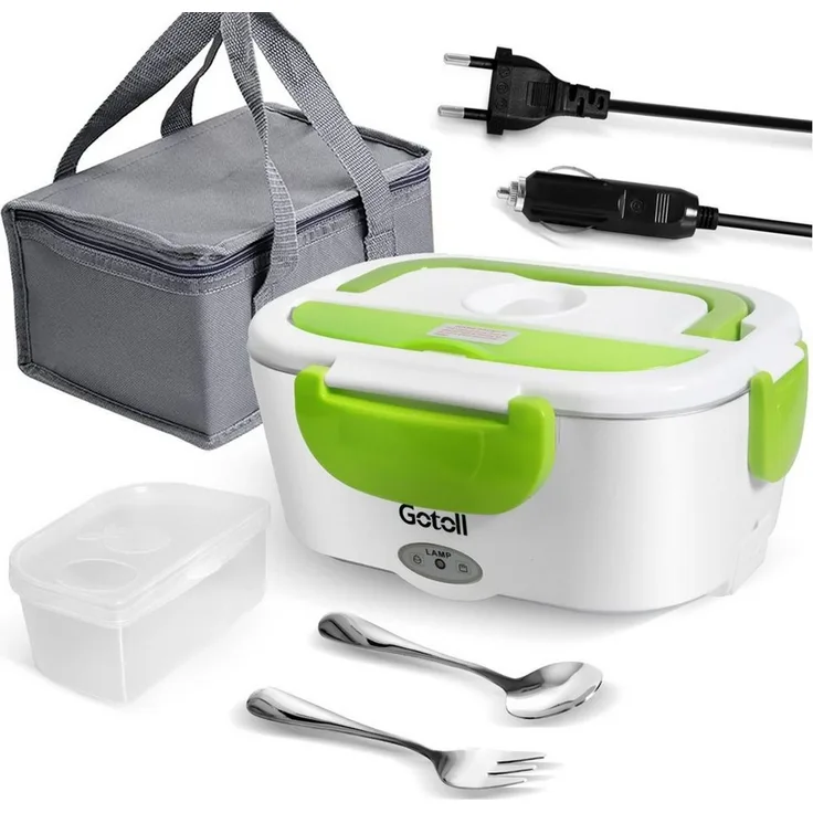 Gotoll Elektrische Lunchbox 1,95L Elektrische Lunchbox Brotdose 110V-220V für Auto & Zuhause, Edelstahl, (60W Schnellheizung, Edelstahl‑Innenbehälter), Elektrische Bentobox mit Löffel Gabel & Lunchbag Set