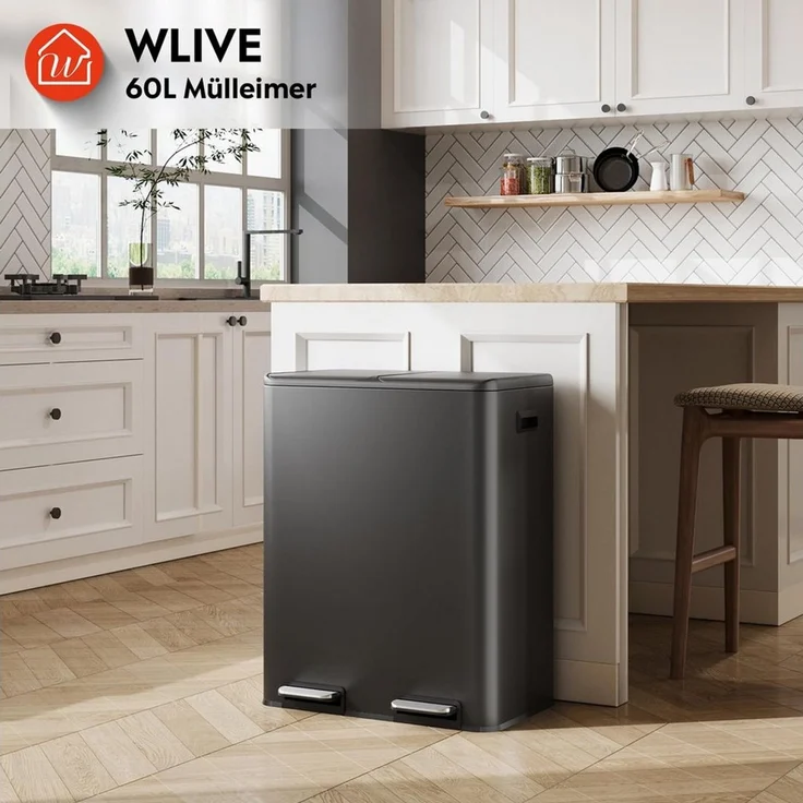 WLIVE Mülleimer Küche 60L (2x30L), Doppel-Mülleimer mit 2 Fächern, Edelstahl, für Küche & Haushalt – Bild 2