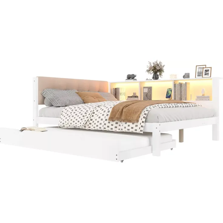 Holzbett mit gepolstertem Kopfteil, Gästebett, Mehrfachsteckdose, Regal und LED-Beleuchtung, 140x200cm, Doppelbett, Jugendbett