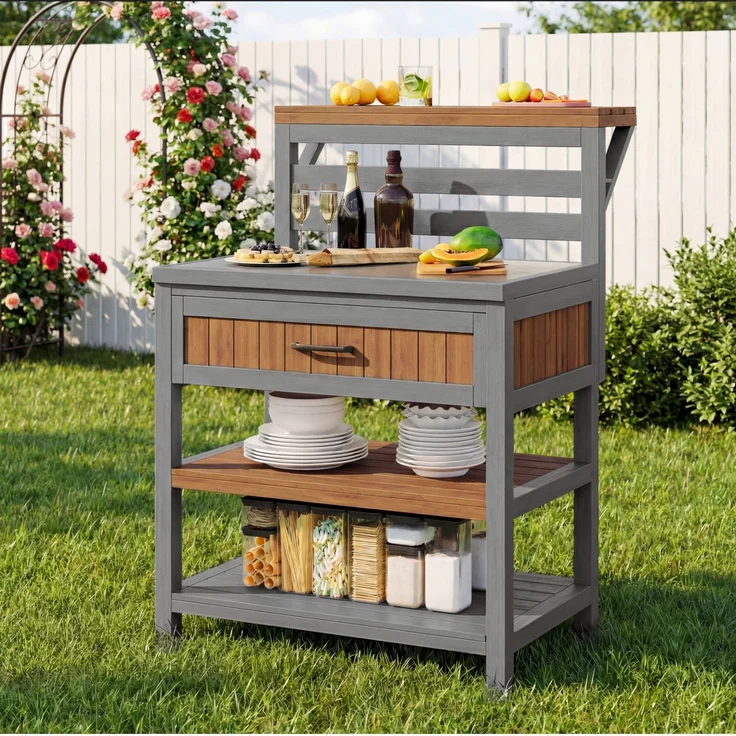 Merax Gartenschrank Holz Outdoor wetterfest Geräteschrank, Outdoor-Schrank mit Edelstahl-Arbeitsplatte & großer Schublade, Grillstation mit doppelter Ablage, kippsicheres Design – Bild 1