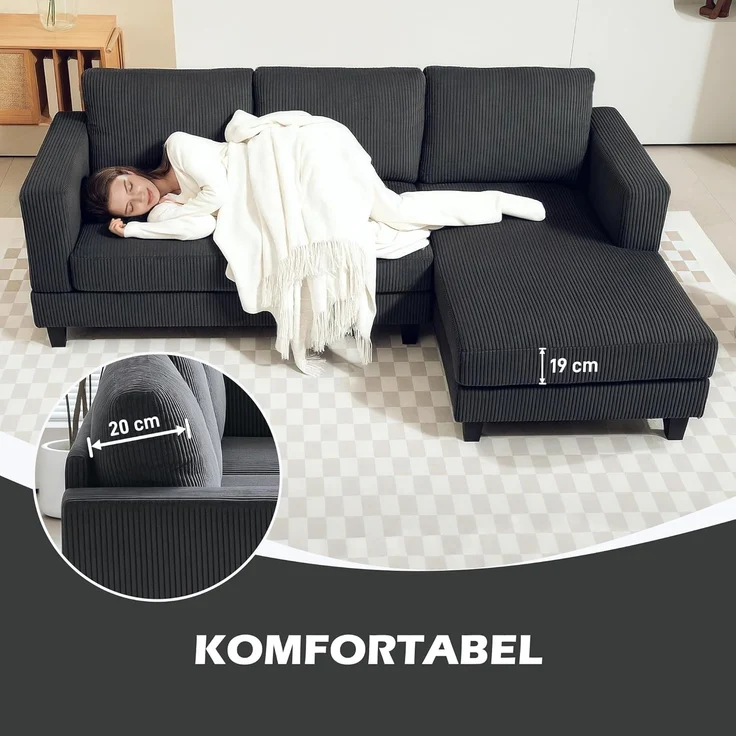HOMCOM Ecksofa Sofa mit Chaiselongue Cord-Optik Hochdichtem Schaumstoff, bis 400 kg, L Form Couch 1 Teile, für Wohnzimmer, Schlafzimmer, 214 x 134 x 84 cm Dunkelgrau – Bild 7