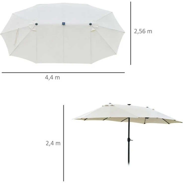 Outsunny Sonnenschirm Mit LED Doppelsonnenschirm Terrassenschirm mit Handkurbel, LxB: 256x440 cm, Marktschirm, Gartenschirm, Oval Metall Cremeweiß – Bild 2