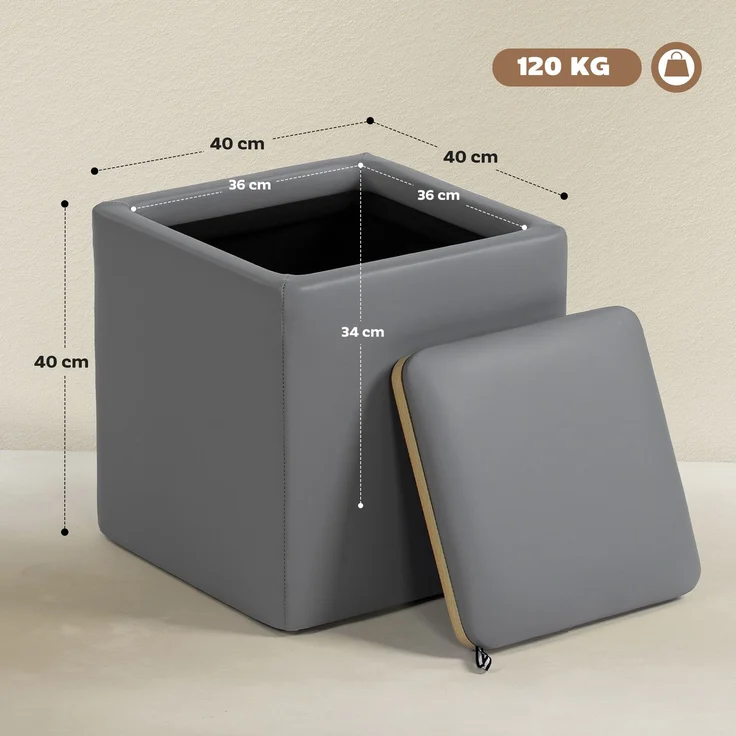 HOMCOM Sitzhocker, Kunstleder, MDF, Grau, 40L x 40B x 40H cm – Bild 3