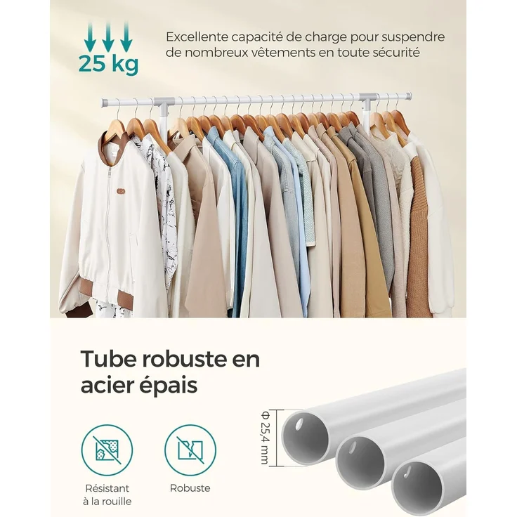 SONGMICS Kleiderständer auf Rollen, Kleiderstange, höhenverstellbar zwischen 97 und 165 cm, ausziehbare Garderobenstange, Garderobenständer, seitliche Haken für Accessoires, weiß LLR001W01 – Bild 5