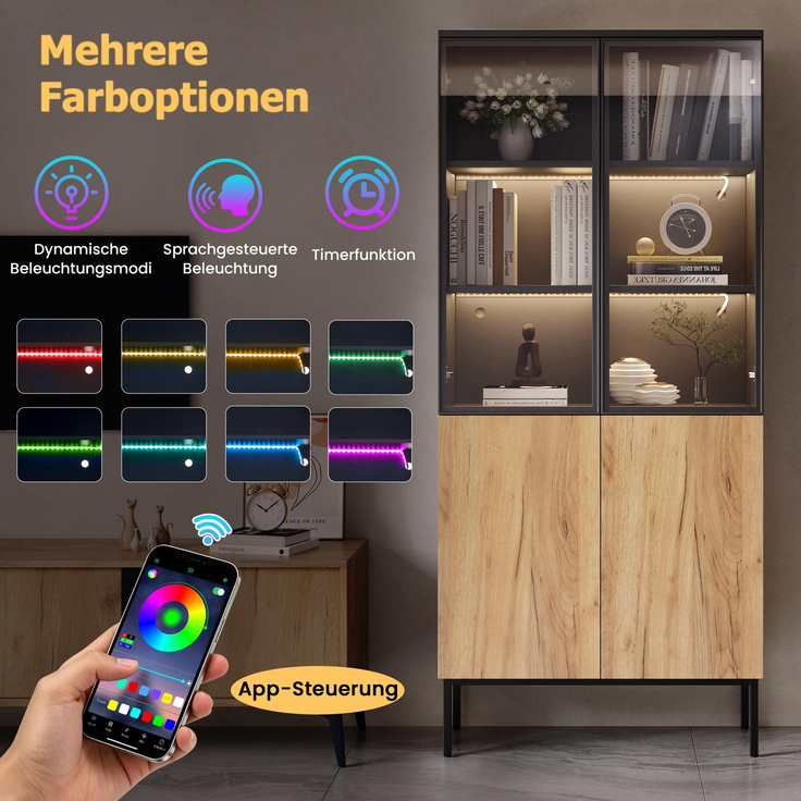 Vitrine mit Glastüren, 180 cm hoher Schrank mit LED-Leuchten, Bücherregal, 5-stöckige Glasvitrine für Sammlerstücke, Bücherregal, Büro, Schwarz/Eiche--Schwarz, Eiche--74x31x180cm--YOUDENOVA – Bild 6