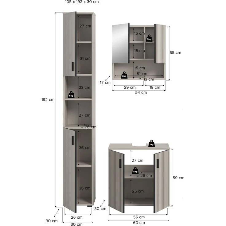 xonox. home – Badkombination Mone 105 x 192 x 30 cm in Kaschmir Nachbildung – 3-teiliges Set bestehend aus Badschrank, Unterschrank & Spiegelschrank – Zeitloses Design für EIN harmonisches Badezimmer – Bild 4