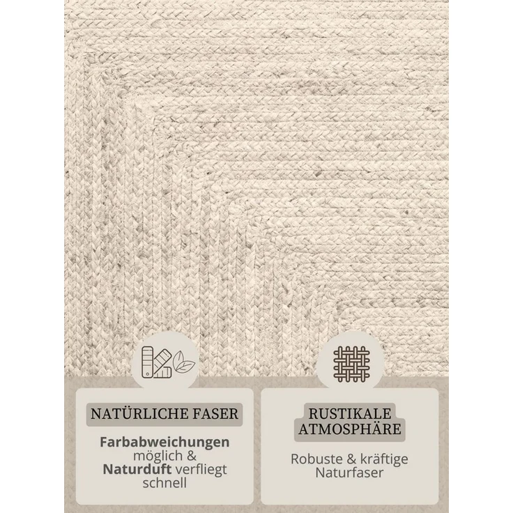 Hanse Home Juno Juteteppich - Natur Wohnzimmerteppich aus 100% Jute, Handgewebt - Robust & Pflegeleicht - Moderner, Boho Naturfaser Teppich für Wohnzimmer, Schlafzimmer - Reinweiß, 200x300 cm – Bild 4