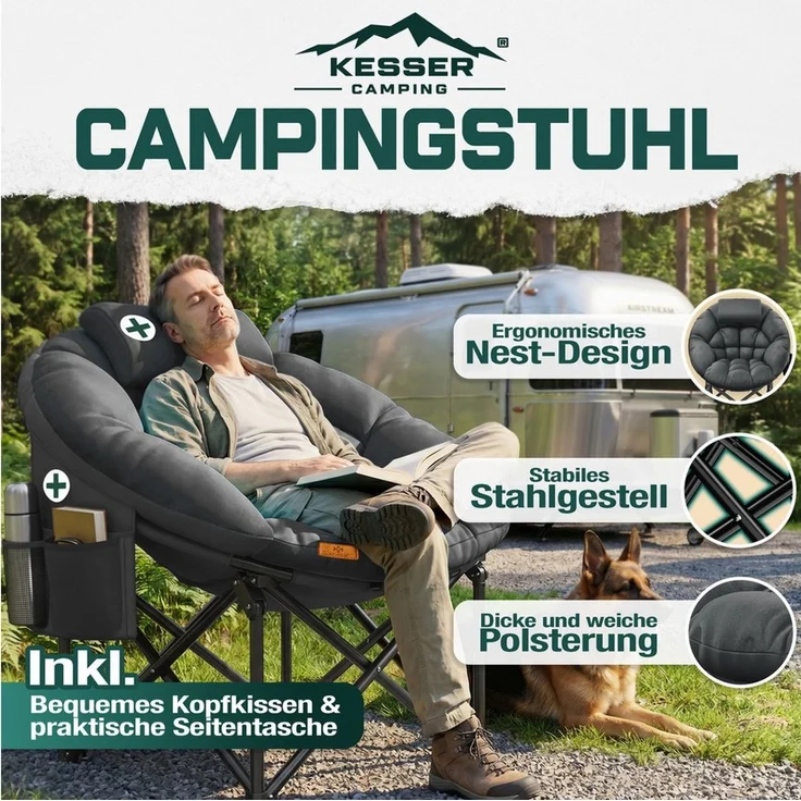 KESSER Campingstuhl Chillexer, faltbar, 150 kg Klappstuhl mit Kissen, Seitentasche & Cover, Relaxstuhl Outdoor + Indoor für Camping, Angeln, Festival, Strand, 110 × 110 × 110 cm – Bild 2