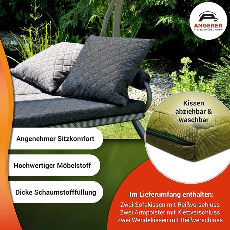Angerer Freizeitmöbel GmbH Hollywoodschaukel Elegance Joy - Gartenschaukel Made in Germany - Schaukel zum Sitzen, Liegen und Entspannen - inklusive Bett-Funktion - einfache Montage (Hellgrün) – Bild 3