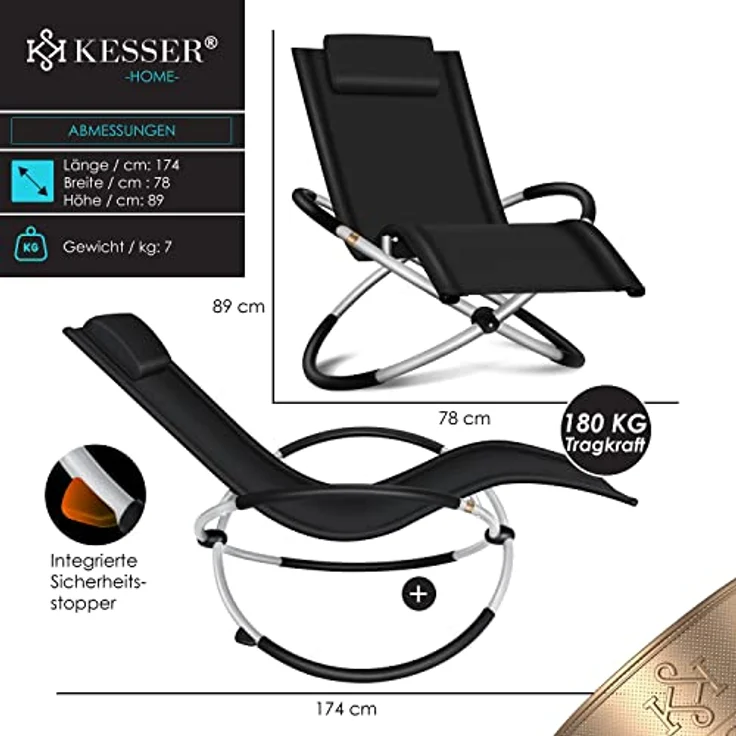 KESSER® Relaxliege Liegestuhl | Gartenliege Sonnenliege | Gartenstuhl | Klappstuhl faltbar | Schwungliege | Schaukelsessel | ergonomische Relaxsessel | wetterfest | 180 kg Belastung Schwarz – Bild 3