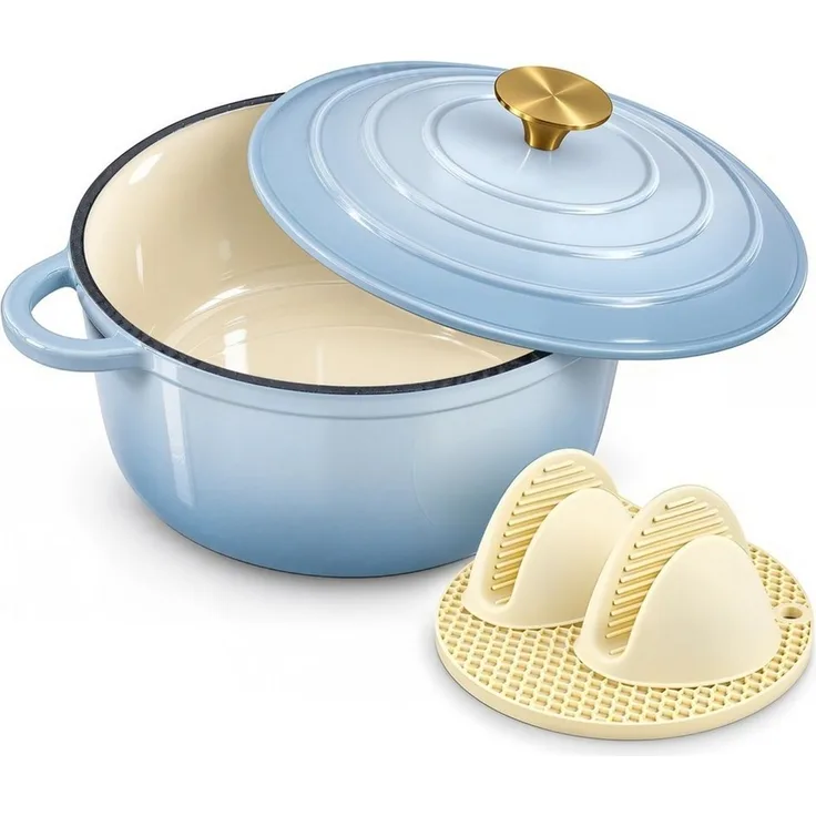Zedelmaier Bräter Gusseisen Topf 22/24/26/28cm Incl. Silikon Topflappen Topfuntersetzer, (Set, 1 Pot mit 1 lid, 2 Ofenhandschuhe, 1 Topfuntersetzer), Backofengeeignet Induktionsgeeignet Zum Braten, Schmoren, Kochen