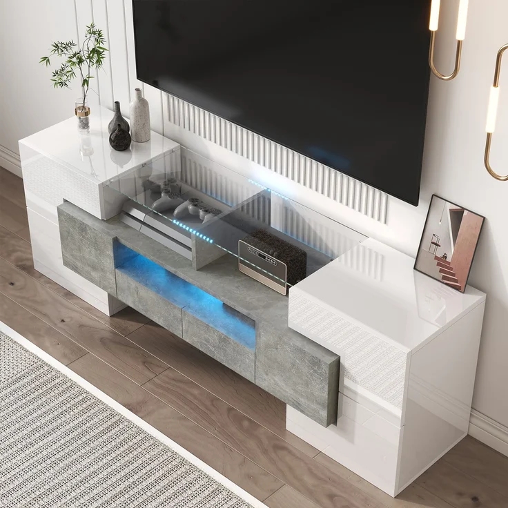 TV-Schrank 145 cm Hochglanzweiß und Beton mit LED-Beleuchtung, 6 Türen, 2 Schubladen, 3 offene Fächer – Bild 6