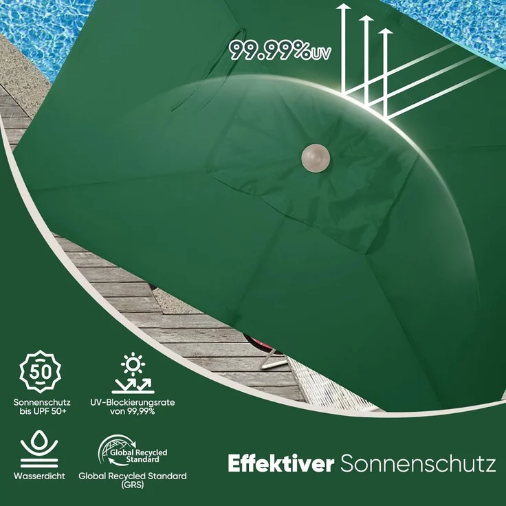 Sekey Sonnenschirm mit Kurbel und UV50+, knickbar, Aluminium grün / natur, 210 x 140 cm – Bild 7