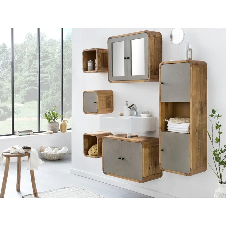 Badmöbelset Holz 6-teilig Woodkings Dingle Pinie natur grau mit Spiegelschrank 137x110x30 cm Badschränke Badezimmer Modern