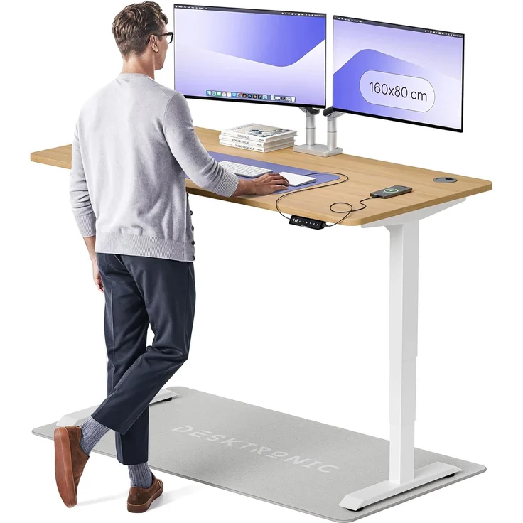 Höhenverstellbarer Schreibtisch - Höhenverstellbar Elektrisch mit Flüsterleisem Dual-Motor & Touchscreen - Hohe Tragfähigkeit - Stehtisch von Desktronic, Weiß + Eiche, 160x80 cm – Bild 1