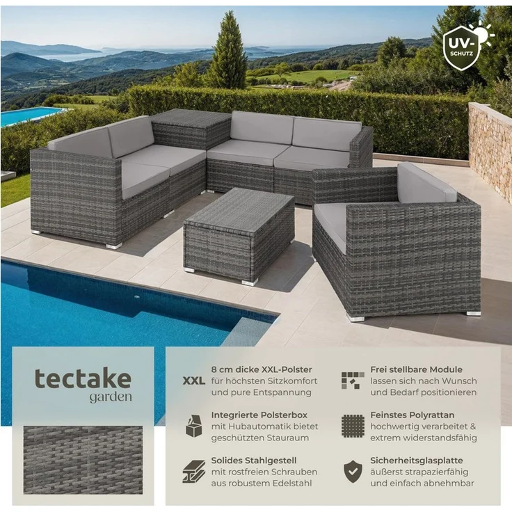 tectake Loungeset Rattan Sitzgruppe mit Sicherheitsglasplatte für 5 Personen, (Gartenlounge-set Pisa, 7-tlg, 7-tlg. in Grau), widerstandsfähig und UV-beständig, Dicke der Polster 8 cm – Bild 1