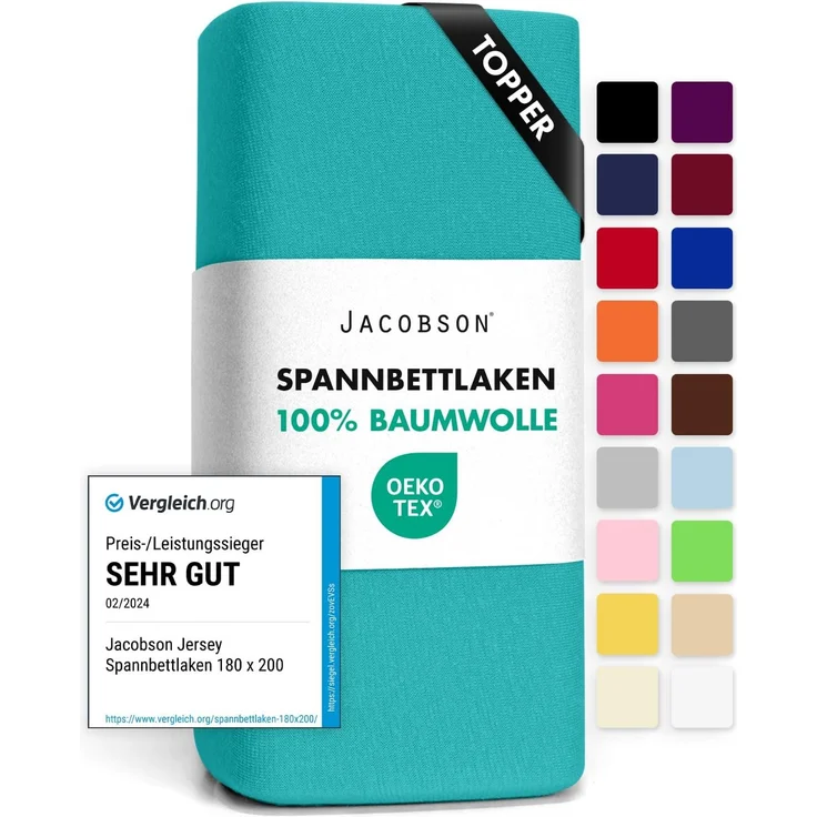 Jacobson Jersey Spannbettlaken Spannbetttuch Baumwolle Bettlaken (Topper 90-100x200 cm, Türkis)