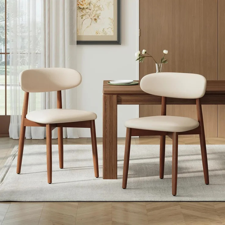 MALOL Stühle Esszimmer 2er Set, Gepolsterte Küchenstühle mit Hochdichtem Schaumstoff, PU-Lederbezug, Ergonomische Rückenlehne, Gummiholzgestell Nussbaum-Optik, für Küche Wohnzimmer Café, Weiß