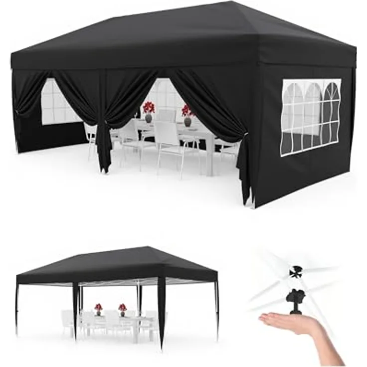 Faltpavillon 3x6 m wasserdicht stabil mit 6 Seitenwänden – Pop up Pavillon faltbar aus 420D Oxford, UV-Schutz 50+, 3-Fach höhenverstellbar, Partyzelt mit Tragetasche für Garten & Outdoor Schwarz