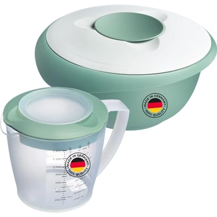 Westmark Rührschüssel (2,5 l) und Rührbecher "Helena" (1,4 l) – Rührschüssel mit Spritzschutzrand und Gummiring – Becher mit Ausgießer und Messskala – Mint-grün/Weiß – Bild 1