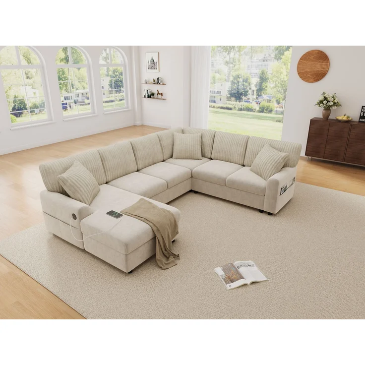 ZUBALIYA Modulare Wohnlandschaft, mit USB-C-Anschluss, H 83 × T 196 × B 249 cm, Beige, Chenille / Cord – Bild 11